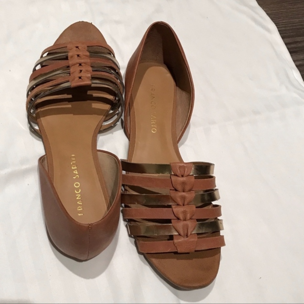 Franco Sarto Brown Tan Leather & Gold Huarache Strappy Open Toe Sandals Flats 8 - Picture 2 of 8